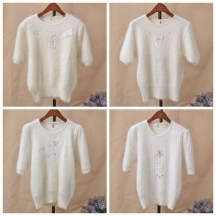 秋冬新品纯白色安哥拉兔毛兔绒百搭少女宽松圆领短袖毛衣女装