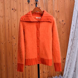 复古橘色翻领兔毛针织开衫女秋冬软糯亲肤单排扣长袖毛衣外套上衣