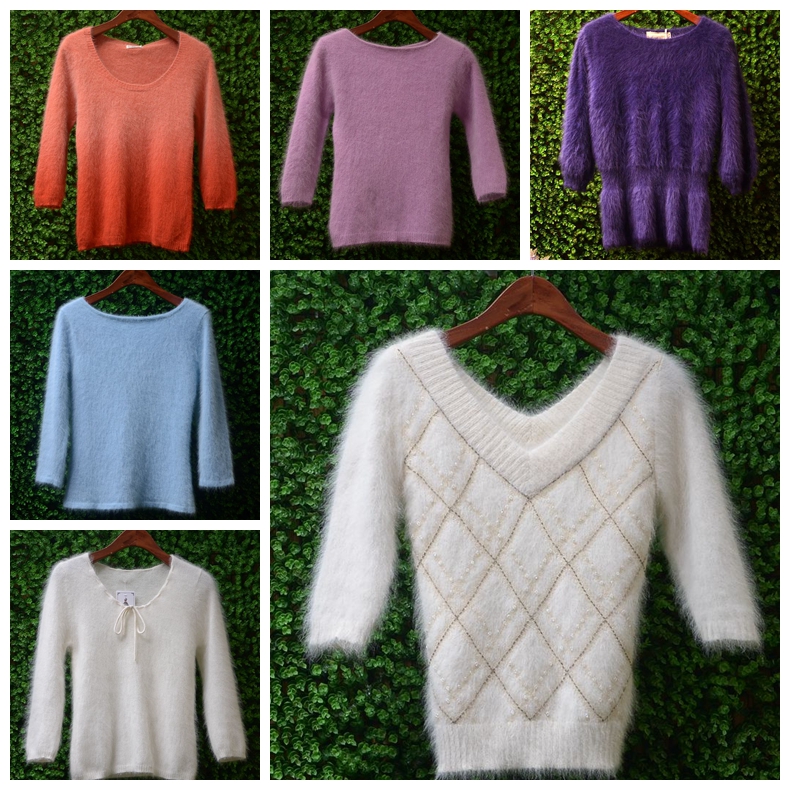 兔绒修身圆领套头长袖毛衣