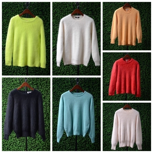 秋冬上新慵懒风镜面纯色安哥拉超长兔毛兔绒蝙蝠袖套头长袖毛衣女