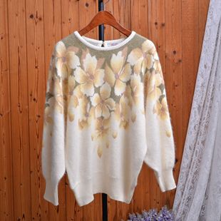 复古花卉印花兔毛毛衣女圆领宽松慵懒风蝙蝠袖软糯针织衫百搭上衣