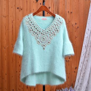 薄荷绿兔毛短袖毛衣女重工烫钻V领慵懒风短款毛绒针织衫上衣