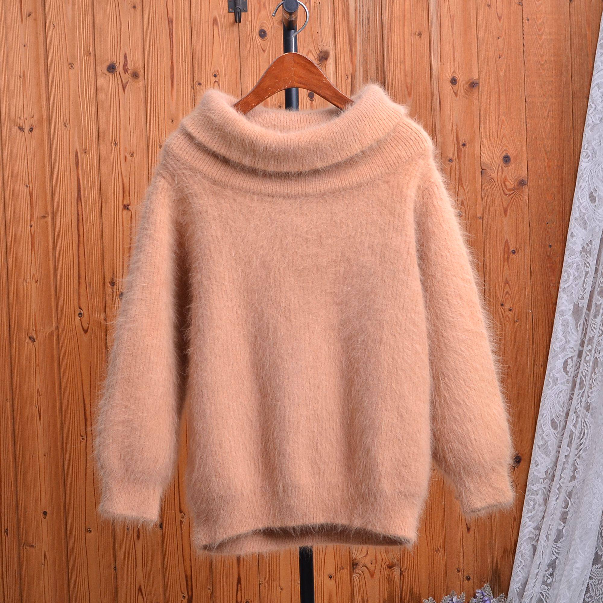 气质堆堆领兔毛毛衣女宽松显瘦软糯长袖加厚针织衫一字领秋冬打底