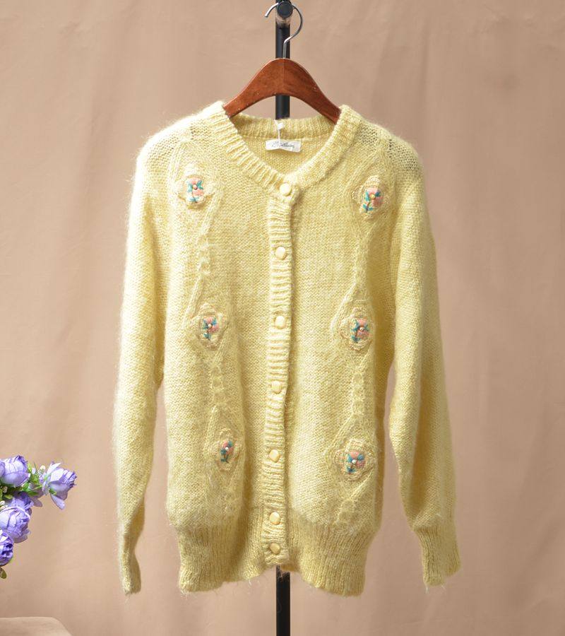 中长款加厚黄色甜美小清新麻花编织花朵宽松马海毛开衫外套毛衣女