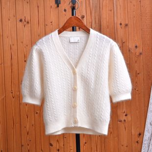 韩系软糯马海毛短袖开衫女纯白泡泡袖淑女气质外穿温柔针织衫毛衣