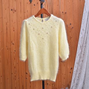 嫩黄色安哥拉兔毛中袖毛衣女钉珠镂空温柔风软糯针织百搭宽松上衣