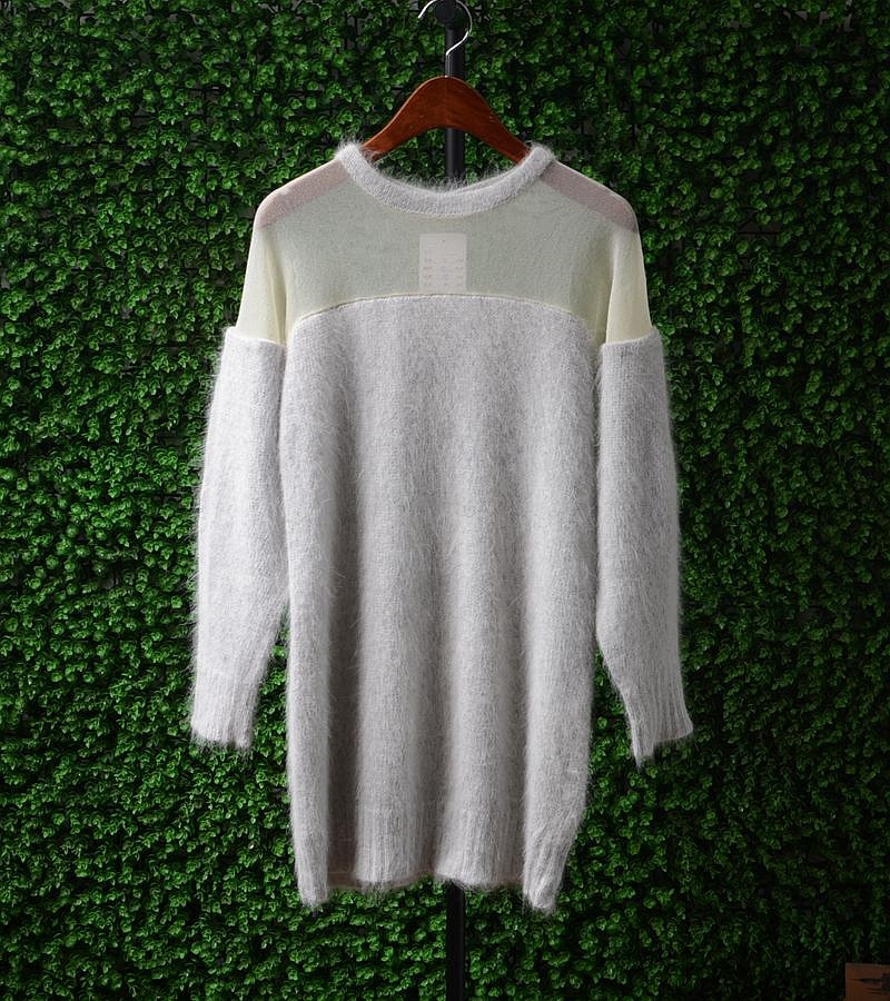 外贸原单安哥拉兔毛兔绒灰色性感蕾丝露肩中长款淑女套头长袖毛衣