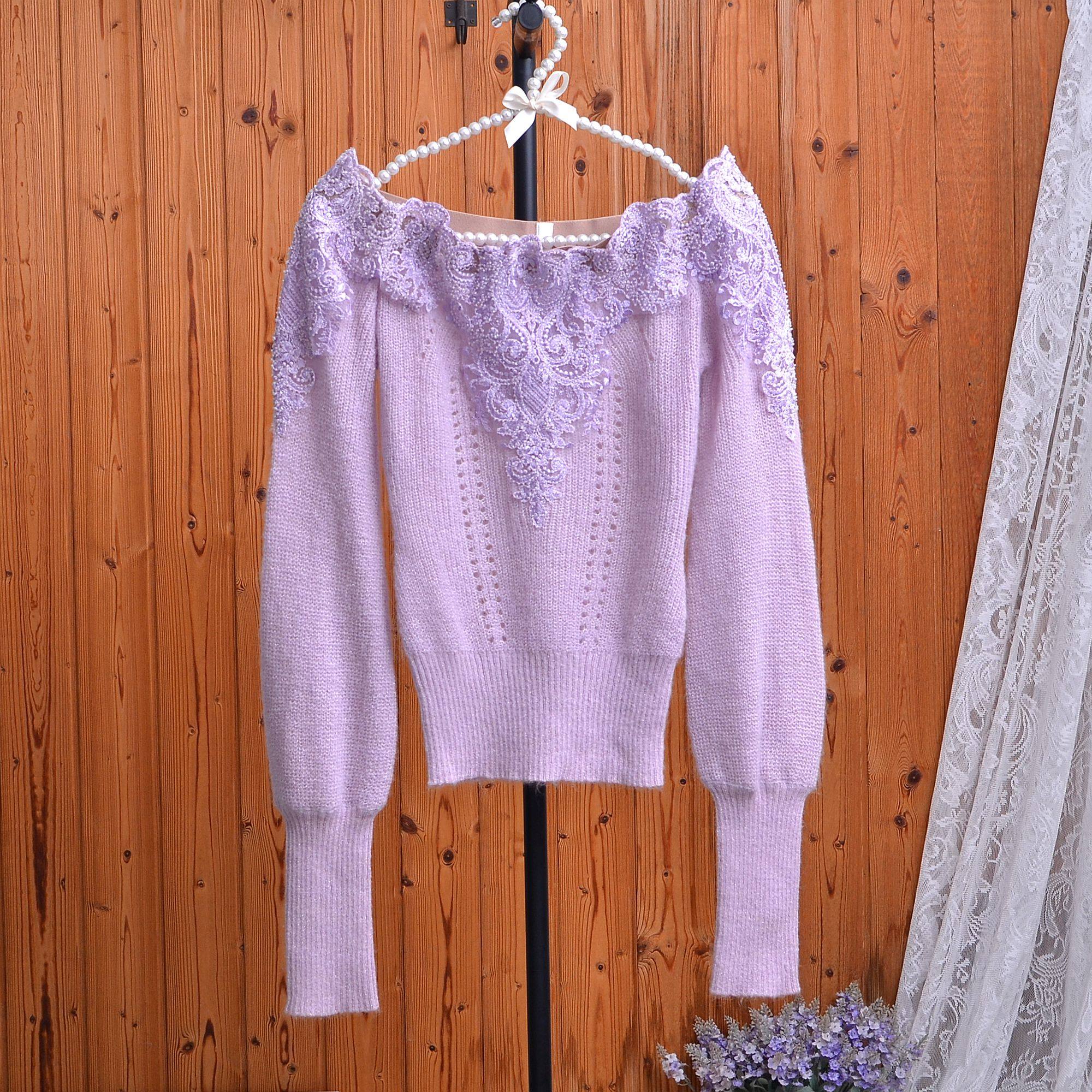 法式温柔风马海毛紫色蕾丝拼接针织衫女一字肩泡泡袖软糯毛衣女