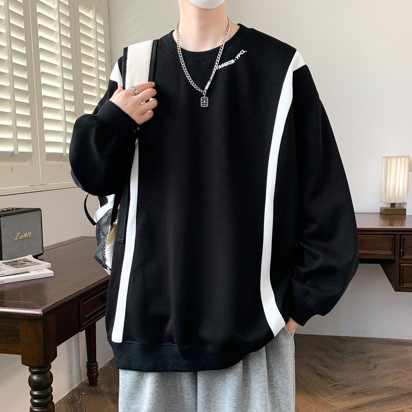 拼色卫衣男春季新款青少年宽松圆领长袖T恤潮牌设计感无帽打底衫,男装,卫衣,淘宝优惠券,粉丝福利购,淘宝优惠卷