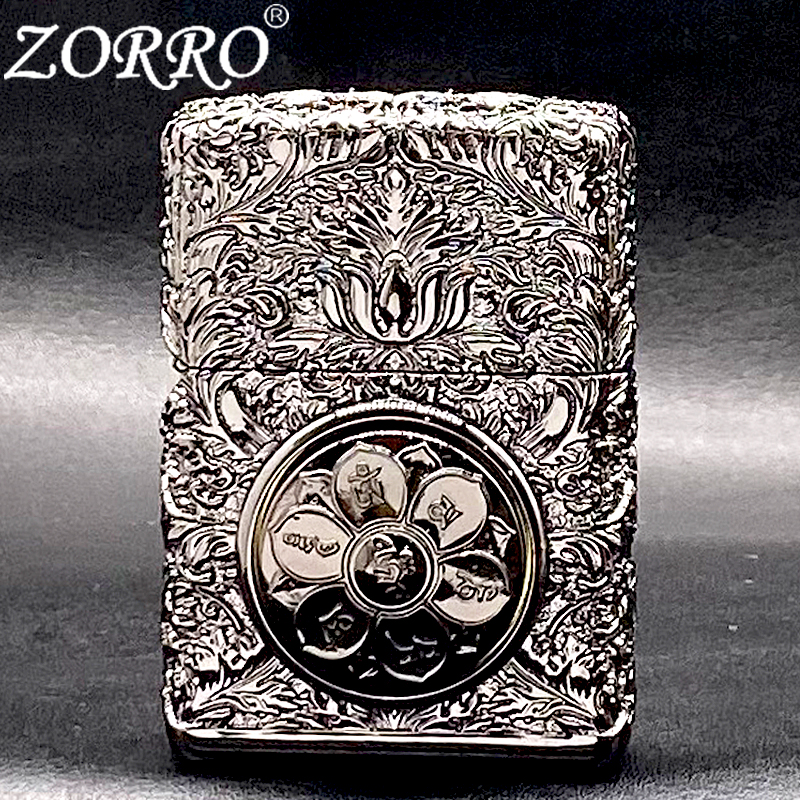 佐罗zorro煤油打火机黄铜复古防风加厚重型盔甲旋转解压六字真言