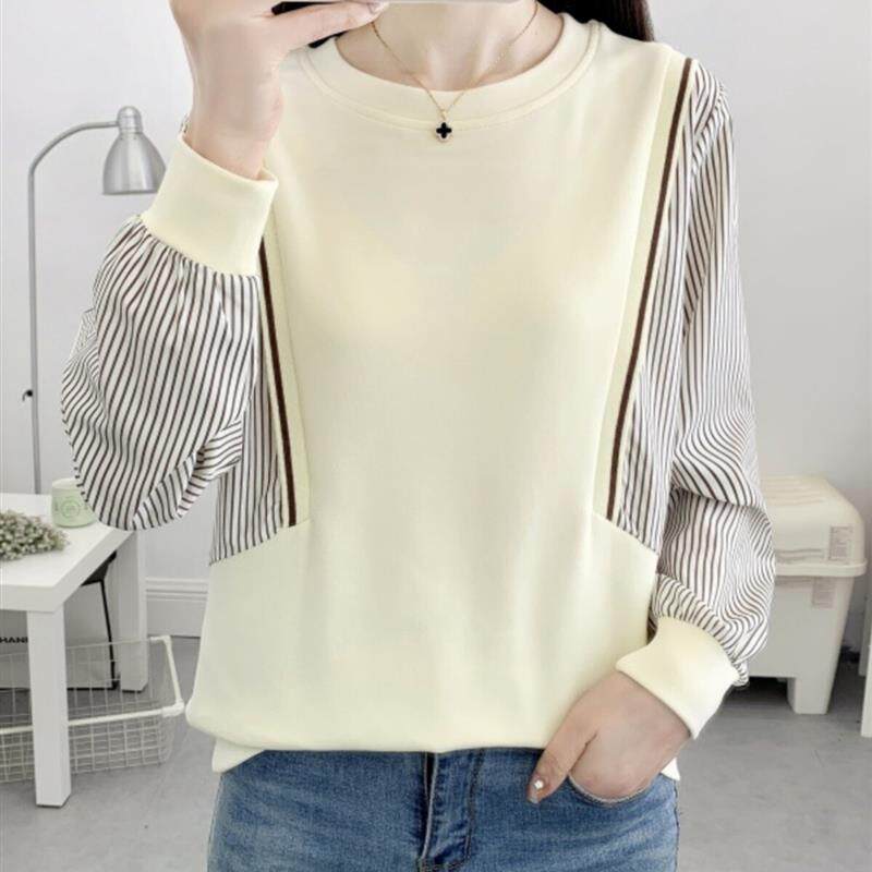 假两件拼接纯棉T恤女长袖打底衫202新款春装宽松百搭绣花卫衣上衣