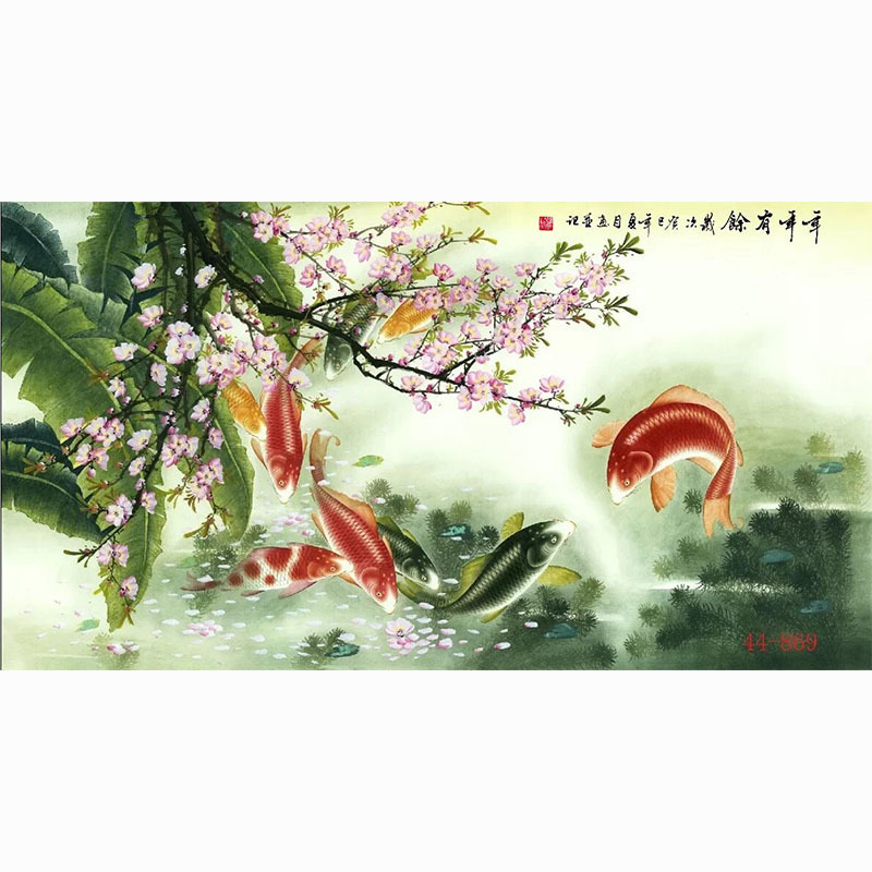 国画高清字画花鸟画酒店餐饮火锅墙壁画墙面贴画挂画九鱼连年有余图片