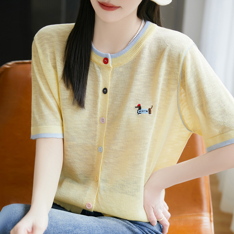 时尚刺绣开衫短袖t恤女夏季2025新款打底衫洋气女装冰丝针织上衣
