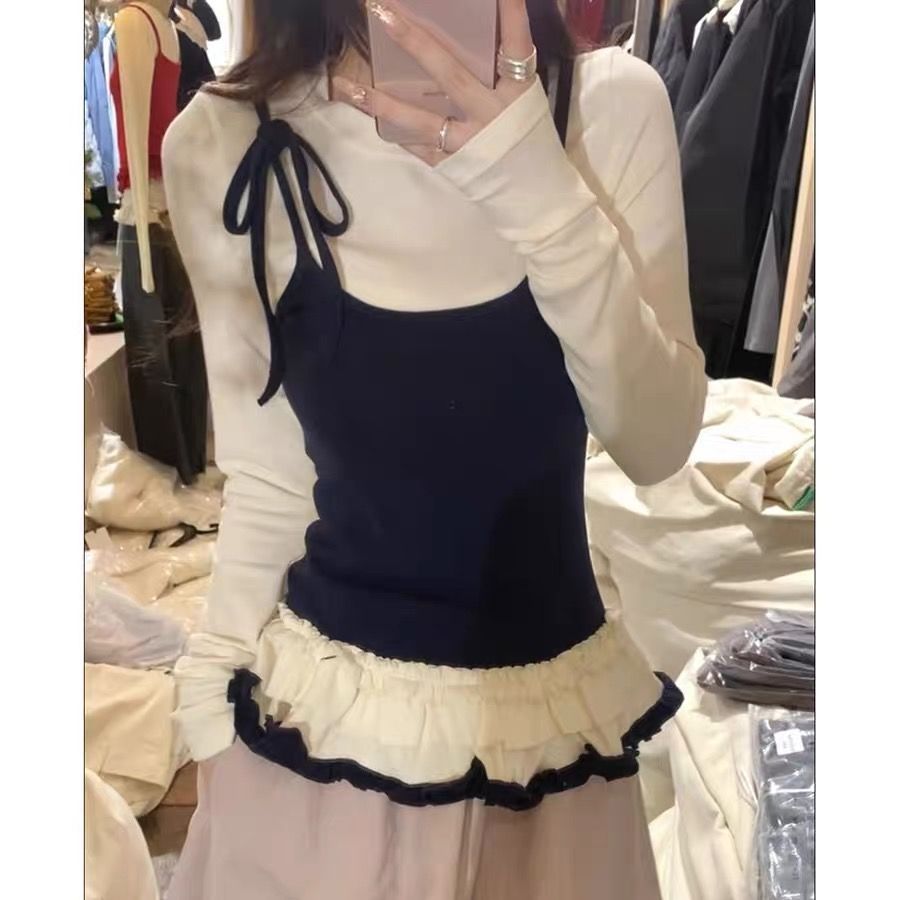 纯欲假两件吊带拼接设计T恤女早春新款韩系修身长袖花边裙摆上衣