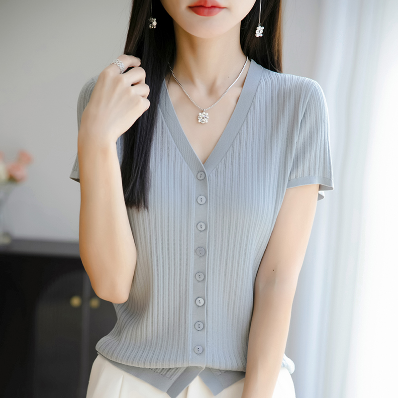 V领开衫短袖t恤女夏季2025新款打底衫洋气大码女装冰丝针织上衣