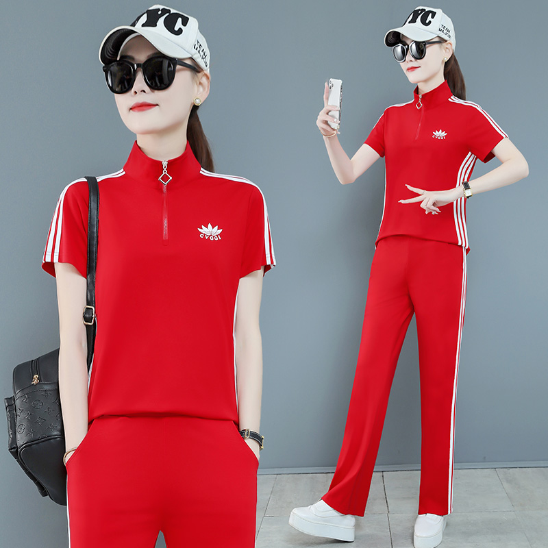 短袖休闲运动套装2025女士夏季薄款大码显瘦跳舞跑步运动服广场舞