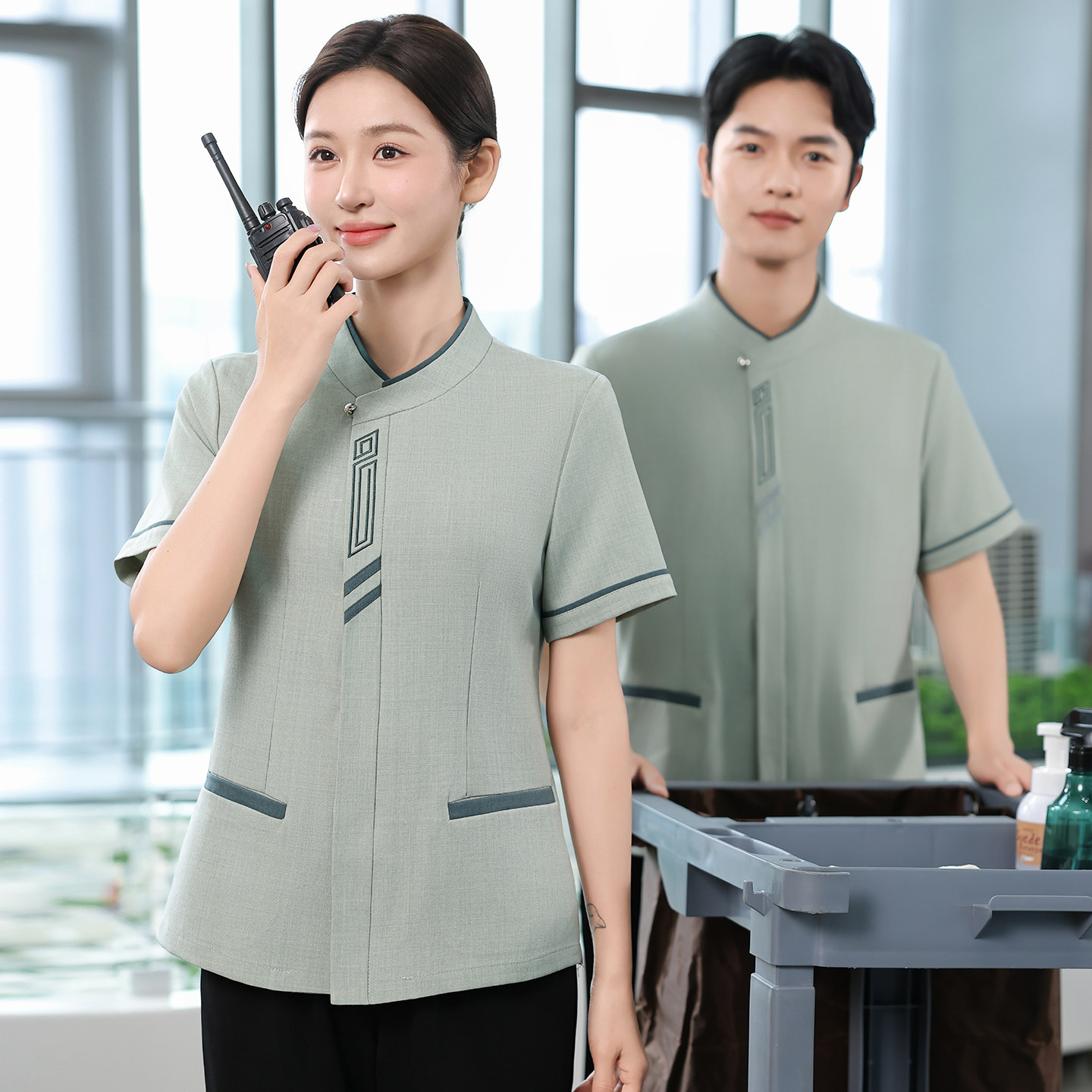 高端物业酒店服务员保洁工作服女短袖立领绿色客房清洁保洁服制服
