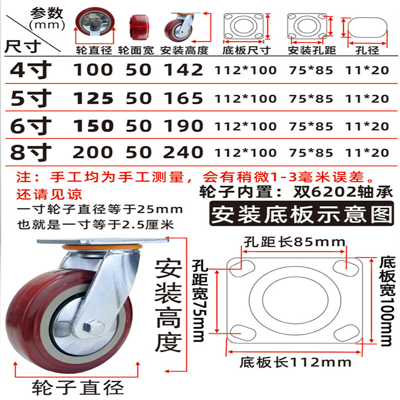 重型脚轮6寸4寸5寸8寸耐磨平板拖手推车聚氨酯单轮刹车定万向轮子 五金/工具 标准表 原图主图