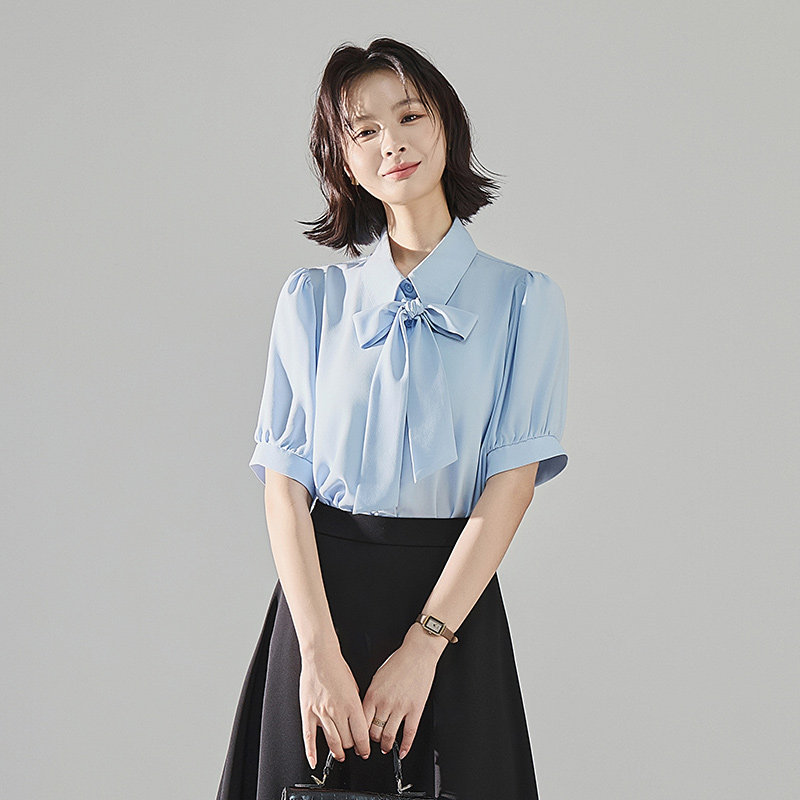 Lightweight Work Attire: Blue Bow Short-Sleeve Shirt, Women's Summer Commute Interview Suit, Skirt Suit, Half Skirt