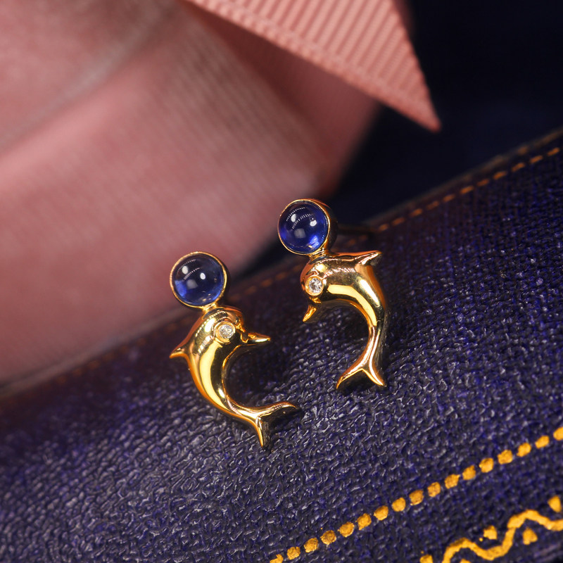 灵玑  我爱你 海豚 爱情守护神 皇家蓝蓝宝石钻石18k 耳钉 耳环|msdalam kategori barang kemas/berlian/Emerald/emas, batu-batu berwarna/batu permata, anting-anting - dari Buy2taobao.com untuk memberikan perkhidmatan ejen Taobao profesional membeli