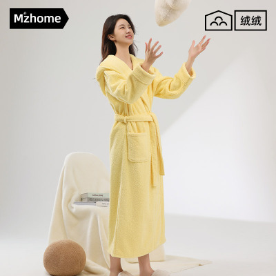 半边绒睡袍女士2025秋冬款加绒珊瑚绒睡衣加厚长款连帽浴袍家居服