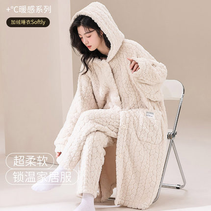 睡袍女秋冬季珊瑚绒加绒加厚连帽浴袍保暖长款2025新款女士睡衣