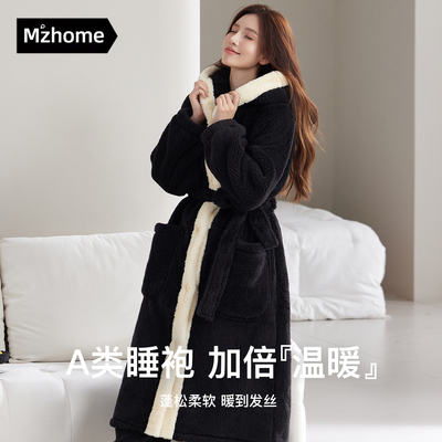 睡衣女秋冬季珊瑚绒睡袍浴袍黑色连帽保暖加厚长款家居服可外穿
