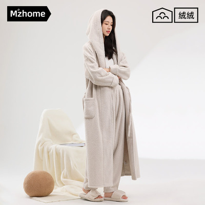 半边绒睡衣女2025新款秋冬季加厚连帽加长款睡袍高级感家居服冬天