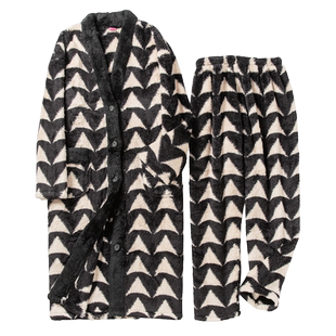 睡袍女冬季新款长毛绒睡衣女法兰绒长款加厚家居服套装可外穿春秋