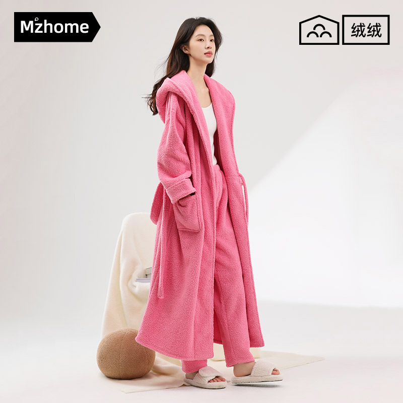 半边绒睡衣女秋冬季新款加长加厚睡袍珊瑚绒晨袍春秋浴袍家居服