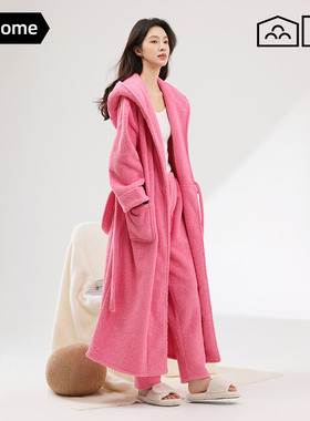 睡衣女秋冬季半边绒浴袍加长款加厚睡袍珊瑚绒晨袍春秋天家居服