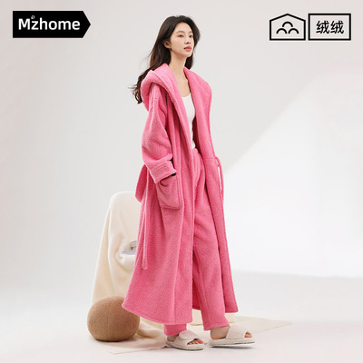 睡衣女秋冬季半边绒浴袍加长款加厚睡袍珊瑚绒晨袍春秋天家居服