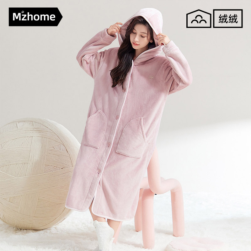 睡袍女睡衣睡裙秋冬款冬季加厚加绒保暖珊瑚绒长款连帽大码家居服