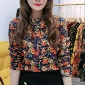 加厚上衣2022洋气碎花木耳领小衫 妈妈秋冬加绒打底衫 中年女装