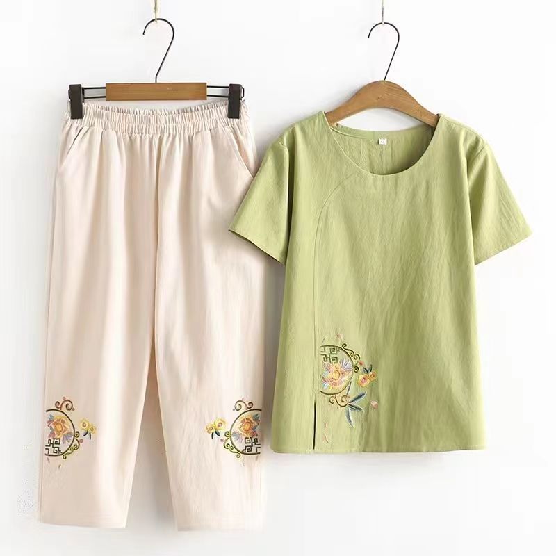 妈妈装夏季大码圆领短袖T恤两件套中老年人洋气时尚棉麻上衣服女