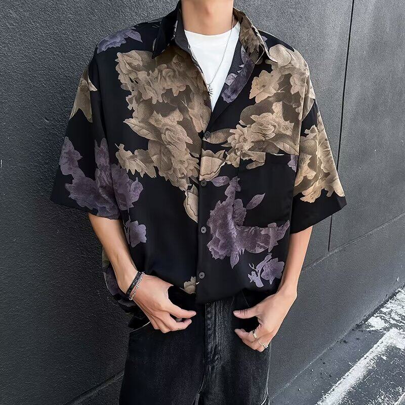 2026校园风花卉百搭短袖衬衫男女款夏季痞帅宽松学生装外穿衬衣潮