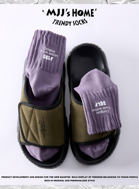 街头潮流简约字母袜子男女款中筒袜秋冬季纯棉紫色短袜短筒运动袜