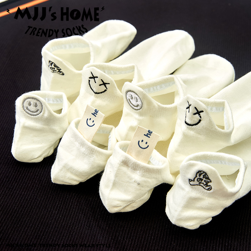 夏季刺绣卡通笑脸袜子女短袜纯棉透气白色可爱浅口低帮船袜男生潮