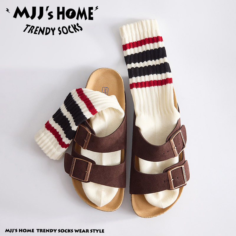 日系复古针织条纹袜子男款长袜夏季纯棉间条中筒袜女ins潮运动袜
