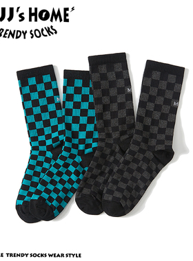 美式滑板棋盘格袜子男款长袜秋冬季纯棉格子中筒袜女潮男士运动袜