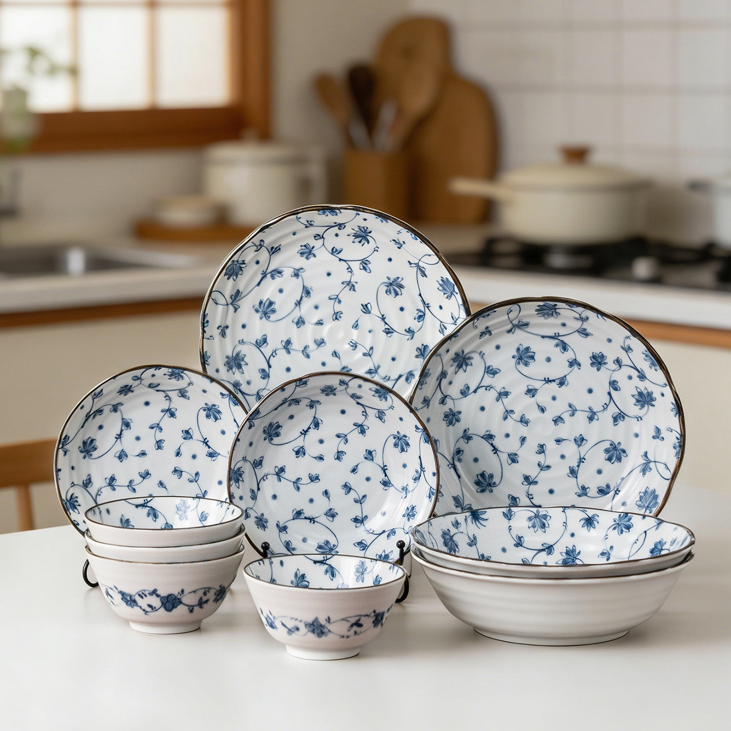 美浓烧日本陶瓷釉下彩餐具套装家用青花盘碗盘碟组合中日式碗碗盘