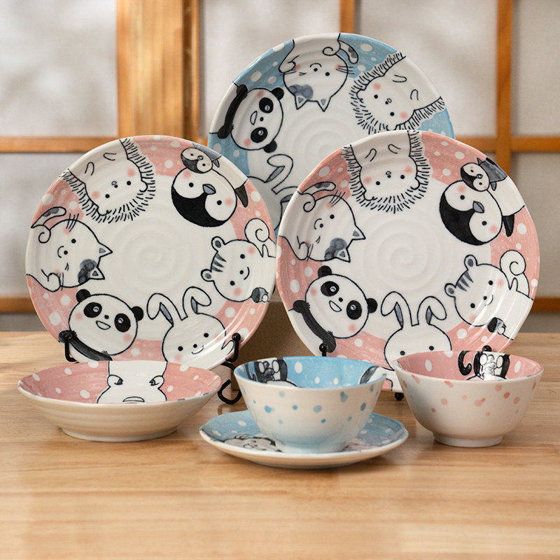 美浓烧日本进口复古釉下彩早餐盘饭碗碟子菜盘家用创意卡通餐具