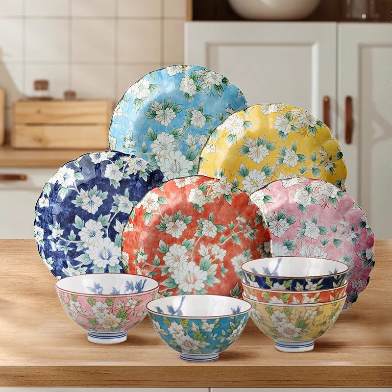 美浓烧木槿花碗盘餐具10件套