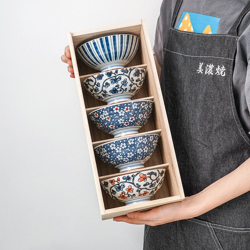 美浓烧日式和风经典复古蓝绘5.5英寸高脚米饭碗陶瓷餐具家用木盒