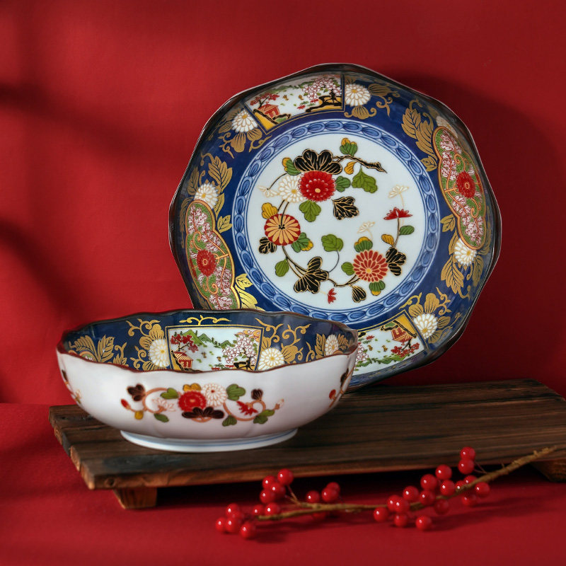 美浓烧日本进口轻奢宫廷风餐盘手工金彩古伊8英寸陶瓷大钵盘子