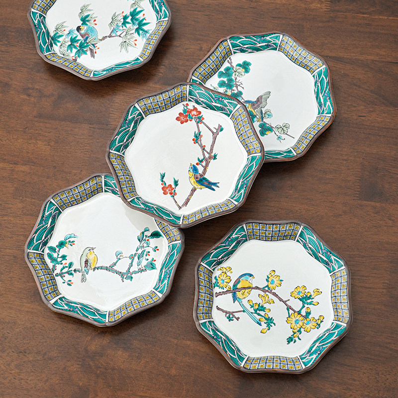 九谷烧 正峰花鸟纹盘子一套礼盒  复古手绘八角碟子 轻奢陶瓷礼品