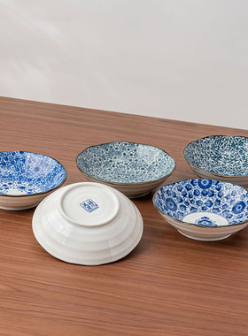 美浓烧古染唐草深盘5个釉下彩平盘日式复古餐具套装家用装菜盘子