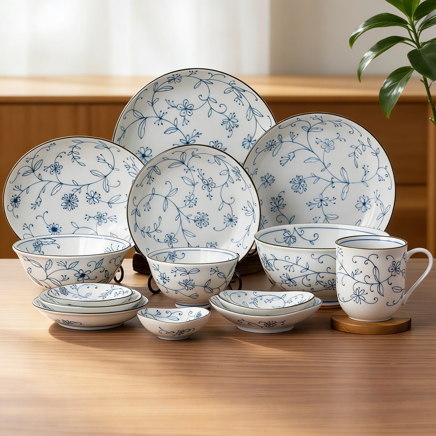 MinoYaki美浓烧 唐草餐具日本进口釉下彩米饭碗简约青花瓷盘子