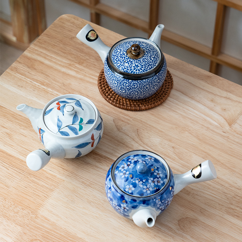 美浓烧日本进口釉下彩侧把壶