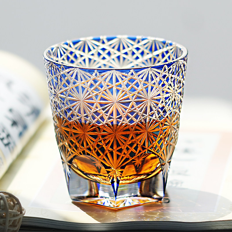 美浓烧日式江户切子蓝雏菊威士忌酒杯手工雕刻酒杯水晶玻璃洋酒杯